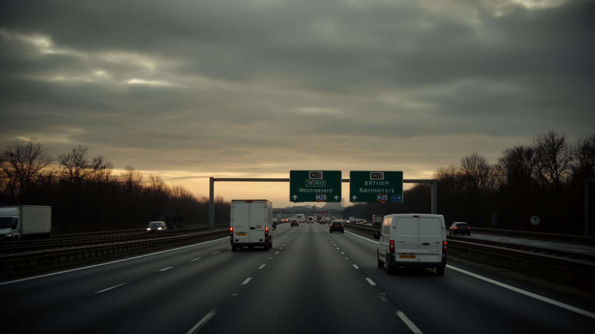 UK motorway at dusk with delivery vans